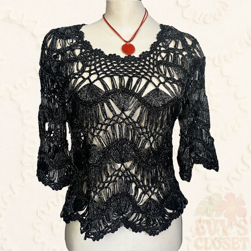 Chic Knit Vintage Black Knit Mid Sleeve Top Women's M/L